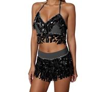 Generisch Jupe de danse à franges, foulard de performance de danse du ventre avec pompon à paillettes, tenue deux pièces pour spectacles sur scène, exercices, Noir , taille unique