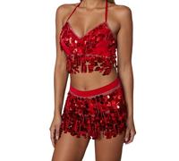 Generisch Jupe de danse à franges, foulard de performance de danse du ventre avec pompon à paillettes, tenue deux pièces pour spectacles sur scène, exercices, rouge, taille unique