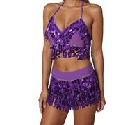 Generisch Jupe de danse à franges, foulard de performance de danse du ventre avec pompon à paillettes, tenue deux pièces pour spectacles sur scène, exercices, lilas, taille unique