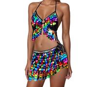 Generisch Jupe de danse à franges, foulard de performance de danse du ventre avec pompons à paillettes pour spectacles et exercices, Noir , taille unique