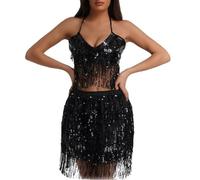 Generisch Jupe en tulle pour femme - Costume de danse du ventre - Costume de danse du ventre - Danse de jazz sexy - Danse tubulaire en acier - Jupe de danse à pompons - Costume de performance, Noir