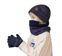 Generisch Jusqu'à 10 Ans Enfants Bonnet Gants de Cou Ensemble de Trois Pièces Chaud Hiver Cache-Oreilles Bonnet en Laine Tricoté Chaud pour Grands Enfants Jupe de Plage Femmes Bleu, Marine, taille