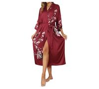 Generisch Kimono de luxe en satin à motif floral pour femme Sensation cool Manches 3/4 Longue Décontractée Peignoir de bain Vêtements de nuit, Bordeaux, taille unique