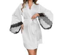 Generisch Kimono en soie pour femme avec bordure en dentelle, manches 3/4 comme élégant manteau en satin pour les occasions spéciales, Blanc., S