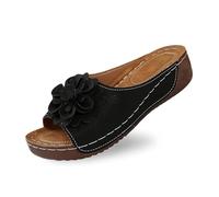Generisch Les pantoufles élégantes pour femme avec bout ouvert et talon compensé, dessus en cuir et motif floral sont des chaussures confortables avec tempérament, Noir , 43 EU