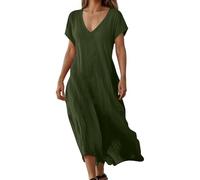 Generisch Lin col en V manches courtes robe décontractée décontractée pour femme couleur unie robe de jour confortable, Vert armée., 5XL
