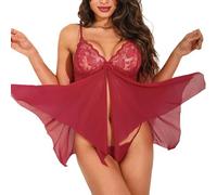 Generisch Lingerie Femme Chemise de Nuit en Maille Transparente Sans Manches Dentelle Robe en Peluche pour les Nuits, rouge, L