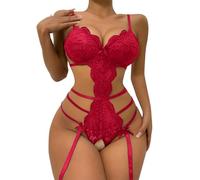 Generisch Lingerie pour femme avec fermeture à bouton-pression, body sexy en dentelle avec V profond, body push-up en dentelle vernie, Bordeaux, L
