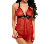 Generisch Lingerie pour femme - Chemise en dentelle - Nuisette - Licol - Chemise de nuit en maille (1 chemise de nuit + 1 culotte), rouge, L