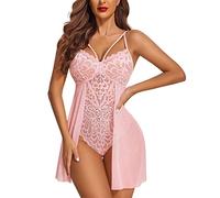 Generisch Lingerie pour femme - Chemise en peluche à boutons pression floraux - Chemise de nuit en dentelle - Mini jupe - Lingerie pour femme, Rose, XL