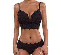 Generisch Lingerie sexy en dentelle crochetée pour femme, culotte taille haute, push-up deux pièces, Noir , XXL