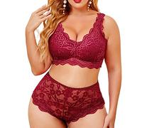 Generisch Lingerie sexy pour femme - Ensemble de sous-vêtements en dentelle avec soutien-gorge et culotte - Grande taille - Soutien-gorge en V profond et slip taille haute - Ensemble de lingerie