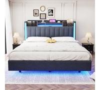 Generisch Lit 140 x 200 cm avec éclairage LED, fonction de charge USB, tête de lit avec espace de rangement, cadre de lit avec sommier à lattes, lit double visuel, gris