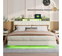 Generisch Lit 160 x 200 cm avec éclairage LED, fonction de charge USB, tête de lit avec espace de rangement, cadre de lit avec sommier à lattes, lit double visuel, beige