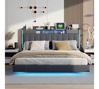Generisch Lit 160 x 200 cm avec éclairage LED, fonction de charge USB, tête de lit avec espace de rangement, cadre de lit avec sommier à lattes, lit double visuel, gris