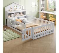 Generisch Lit 90 x 200 cm - Cadre de lit en bois massif - Rail de maison - Avec étagères et espace de rangement - Avec grille de protection et porte - Avec barre pour photos et sommier à lattes