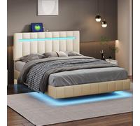 Generisch Lit capitonné 140 x 200 cm - Cadre de lit flottant rembourré avec lumières LED et design de tête de lit - Lit d'appoint double plat en lin doux pour la peau - Beige