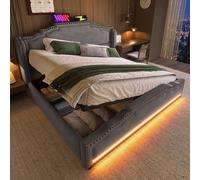 Generisch Lit capitonné, 140 x 200 cm, lit double avec espace de rangement hydraulique, port de charge USB-C, lit de rangement et lit d'adolescent avec sommier à lattes, velours, gris, sans matelas