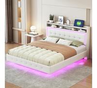 Generisch Lit capitonné 160 x 200 cm, avec prise USB et lumière LED, le lit peut être placé à la tête du lit, design de pied caché, lit double plat, tissu lin beige