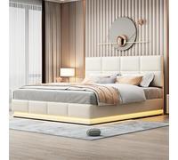 Generisch Lit capitonné, 180 x 200 cm, avec éclairage LED et espace de rangement hydraulique à relevable, tiroir de lit et sommier à lattes, housse en cuir synthétique, lit double, adulte et