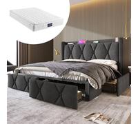 Generisch Lit capitonné, avec fonction de charge USB, tête de lit et 4 tiroirs, lit double 160 x 200 cm, sommier à lattes en bois, gris (avec matelas)