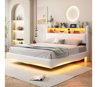 Generisch Lit capitonné design suspendu 160 x 200 cm en tissu de lin - Lit de rangement multifonction avec lumière LED - Interface USB et Type-C - Beige