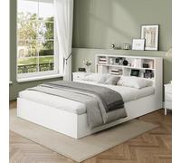 Generisch Lit de rangement, 140 x 200 cm, lit double, fonctionnel, en bois massif, avec port USB, avec boîte de rangement sous le lit, avec espace de rangement, sans matelas, blanc