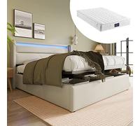 Generisch Lit de rangement hydraulique avec barre d'éclairage LED, lit double rembourré, 140 x 200 cm, lit fonctionnel, blanc (avec matelas)