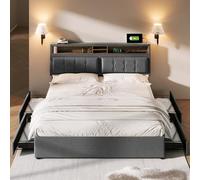 Generisch Lit double avec 4 tiroirs et prise USB C, lit rembourré, 160 x 200 cm, tête de lit réglable en hauteur, sommier à lattes en bois (sans matelas)