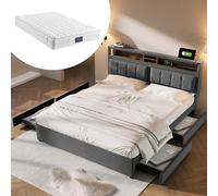 Generisch Lit double avec 4 tiroirs et prise USB C, lit rembourré, 160 x 200 cm, tête de lit réglable en hauteur, sommier à lattes en bois (avec matelas)