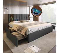 Generisch Lit double avec chargement sans fil USB C & 4 tiroirs, cadre de lit rembourré, 160 x 200 cm, sommier à lattes en bois gris et lin (sans matelas)