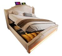 Generisch Lit double capitonné, 160 x 200 cm, avec espace de rangement hydraulique, port de charge USB-C, lit de rangement et lit d'adolescent avec sommier à lattes, velours, beige, avec matelas