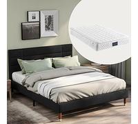 Generisch Lit double capitonné avec sommier à lattes, 140 x 200 cm, cadre de lit rembourré avec tête de lit, en lin noir, pour adultes et adolescents (avec matelas à ressorts)