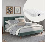 Generisch Lit double capitonné, avec sommier à lattes, 140 x 200 cm, cadre de lit rembourré avec tête de lit, en velours vert foncé, pour adultes et adolescents, avec matelas à ressorts