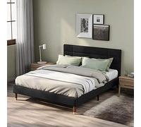 Generisch Lit double capitonné avec sommier à lattes, 140 x 200 cm, cadre de lit rembourré avec tête de lit, en lin noir, pour adultes et adolescents (avec matelas)