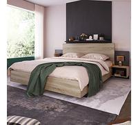 Generisch Lit double en bois 160 x 200 cm avec 2 tables de chevet - Lit moderne avec 2 tables de chevet - Chambre à coucher complète - 205,5 x 235 x 76,5 cm (p x l x h) - En chêne Sonoma/gris foncé