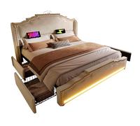 Generisch Lit double rembourré, 140 x 200 cm, avec 4 tiroirs, éclairage LED et port de charge USB-C, espace de rangement et lit d'adolescent avec sommier à lattes, en velours, beige, sans matelas