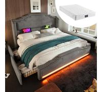 Generisch Lit double rembourré, 140 x 200 cm, avec 4 tiroirs, port de charge USB-C, espace de rangement et lit d'adolescent avec sommier à lattes, en velours, gris, avec matelas