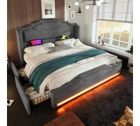 Generisch Lit double rembourré, 160 x 200 cm, avec 4 tiroirs, port de charge USB-C, espace de rangement et lit d'adolescent avec sommier à lattes, en velours, gris, sans matelas