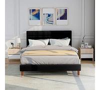Generisch Lit double rembourré, avec sommier à lattes, 140 x 200 cm, cadre de lit rembourré avec tête de lit, en lin noir, pour adultes et adolescents, matelas non inclus