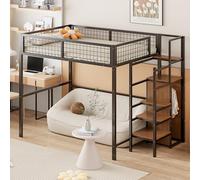 Generisch Lit mezzanine 140 x 200 cm avec échelle, lit d'enfant avec cadre en fer et étagère de rangement, armoire noire (ancien SKU LDB00198AAB)