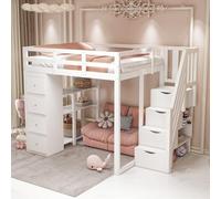 Generisch Lit mezzanine 140 x 200 cm avec tiroir de rangement, commode avec étagères, échelle d'escalade de sécurité avec tiroirs de rangement, lit multifonction en bois massif blanc
