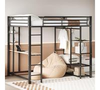 Generisch Lit mezzanine en métal avec échelle, 140 x 200 cm, lit double junior, avec table, cintres simples avec compartiments de rangement, noir