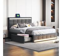 Generisch Lit rembourré 140 x 200 cm avec 4 tiroirs et 2 stations de charge USB, cadre de lit avec tête de lit LED, lit plate-forme rembourré avec espace de rangement, tissu en lin gris