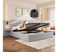 Generisch Lit rembourré, 160 x 200 cm, sans matelas, lit rembourré, tête de lit intégrée, mécanisme de levage hydraulique, port USB, deux lampes de chevet, grand espace de rangement, gris