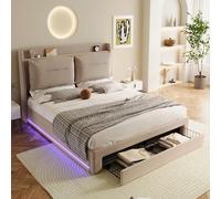 Generisch Lit rembourré lumineux, 160 x 200, lit hydraulique, tiroirs de rangement 2 en 1 au niveau du lit, bandes lumineuses encastrées des deux côtés du lit, sommier à lattes, sans matelas, velours
