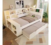 Generisch Lit simple 90 x 200 cm, blanc, en bois, avec lit gigogne, compartiments de rangement sur trois côtés, ports de charge USB et de type C, peu encombrant, sans matelas