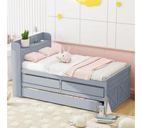 Generisch Lit simple en pin massif 90 x 190 cm, multifonction, avec tiroir extensible, sommier à lattes, table de chevet avec étagères avec prise USB, lit pour adolescent, invité, gris