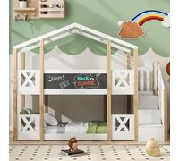Generisch Lit superposé, 90 x 200 cm, cabane dans les arbres, avec espace de rangement et protection anti-chute, 2 sommiers à lattes, naturel et blanc