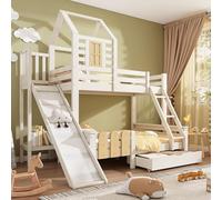 Generisch Lit superposé, 90 x 200 cm et 140 x 200 cm, avec tiroir, toboggan et échelle, lit mezzanine avec sommier à lattes, design blockhaus, sécurité EN747-1:2024 (sans matelas)